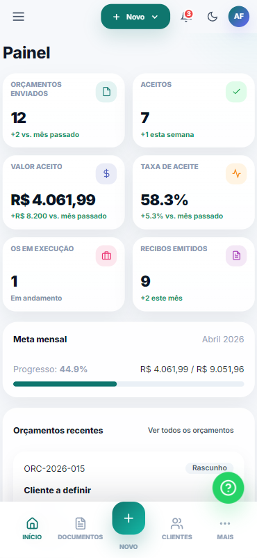 Painel mobile do Proposy com indicadores e orçamentos recentes